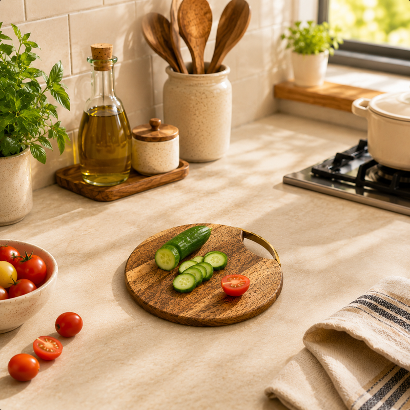 Mango Wood Round Chopping Board With Iron Handle