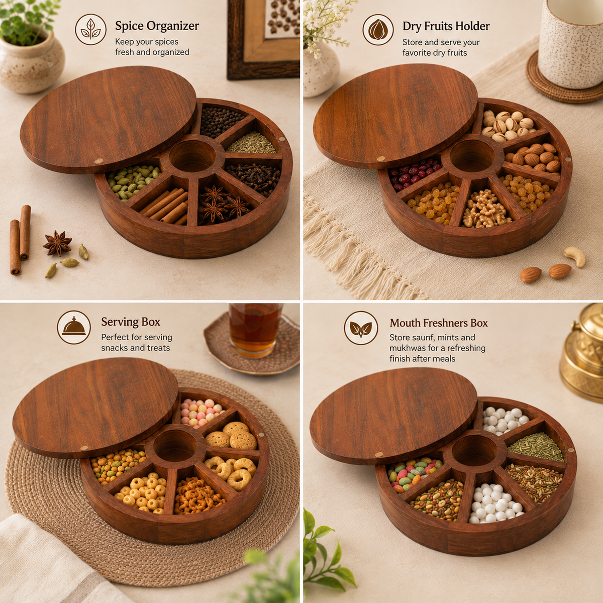 Acacia Wood Round Masala Box 9 Compartments