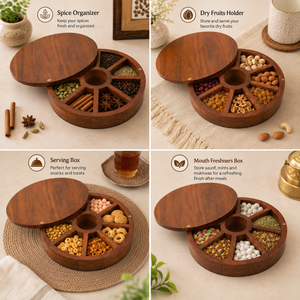 Acacia Wood Round Masala Box 9 Compartments