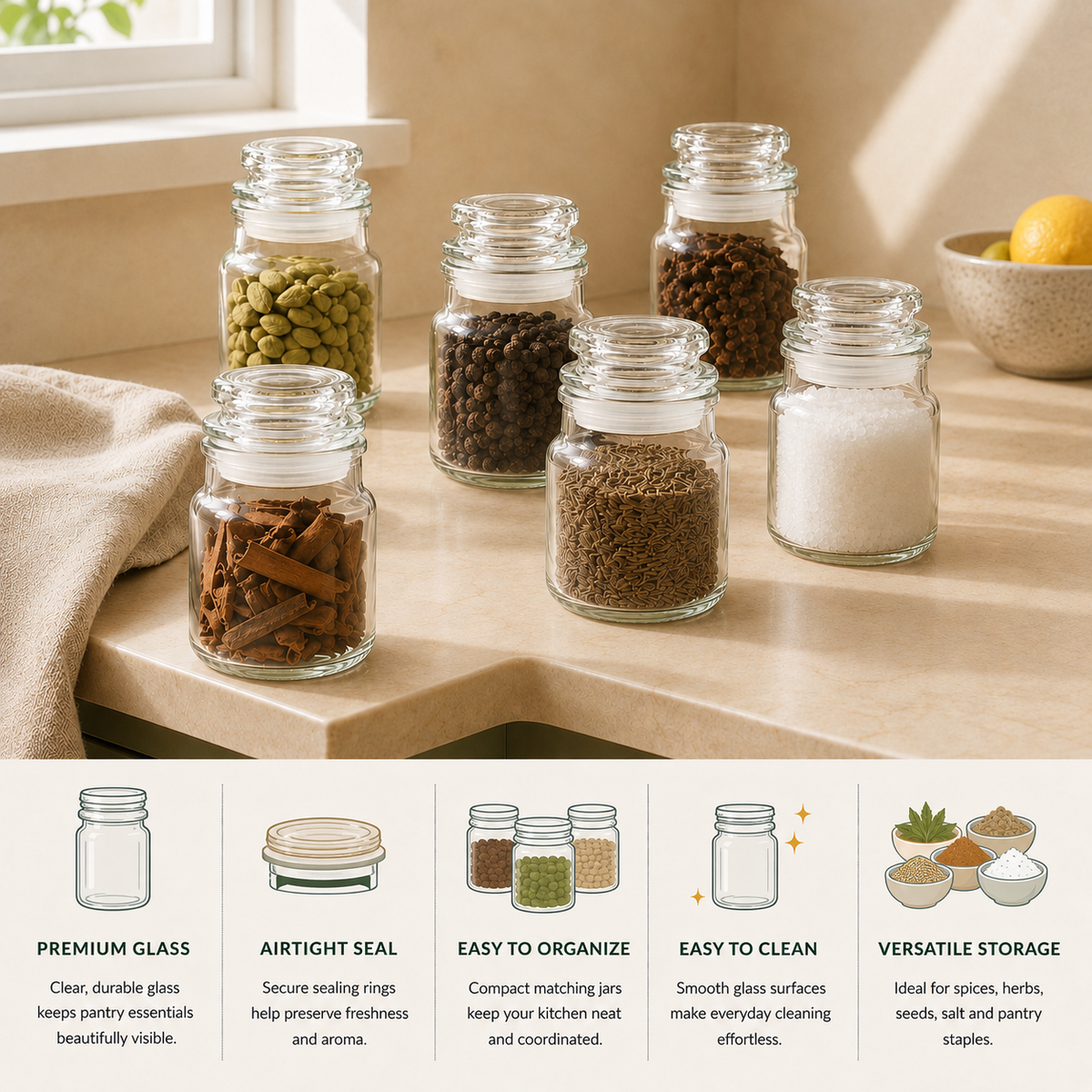 Mini Clear Glass Storage Jars with Lids – Set of 6 - 125 ml