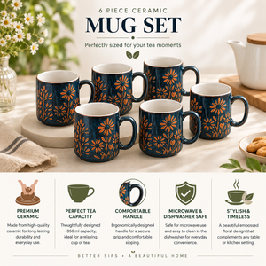 Ceramic Blue Blossom Hand-Embossed Ceramic Coffee Mug Set of 6 - Sanjeev Kapoor by OGGN
