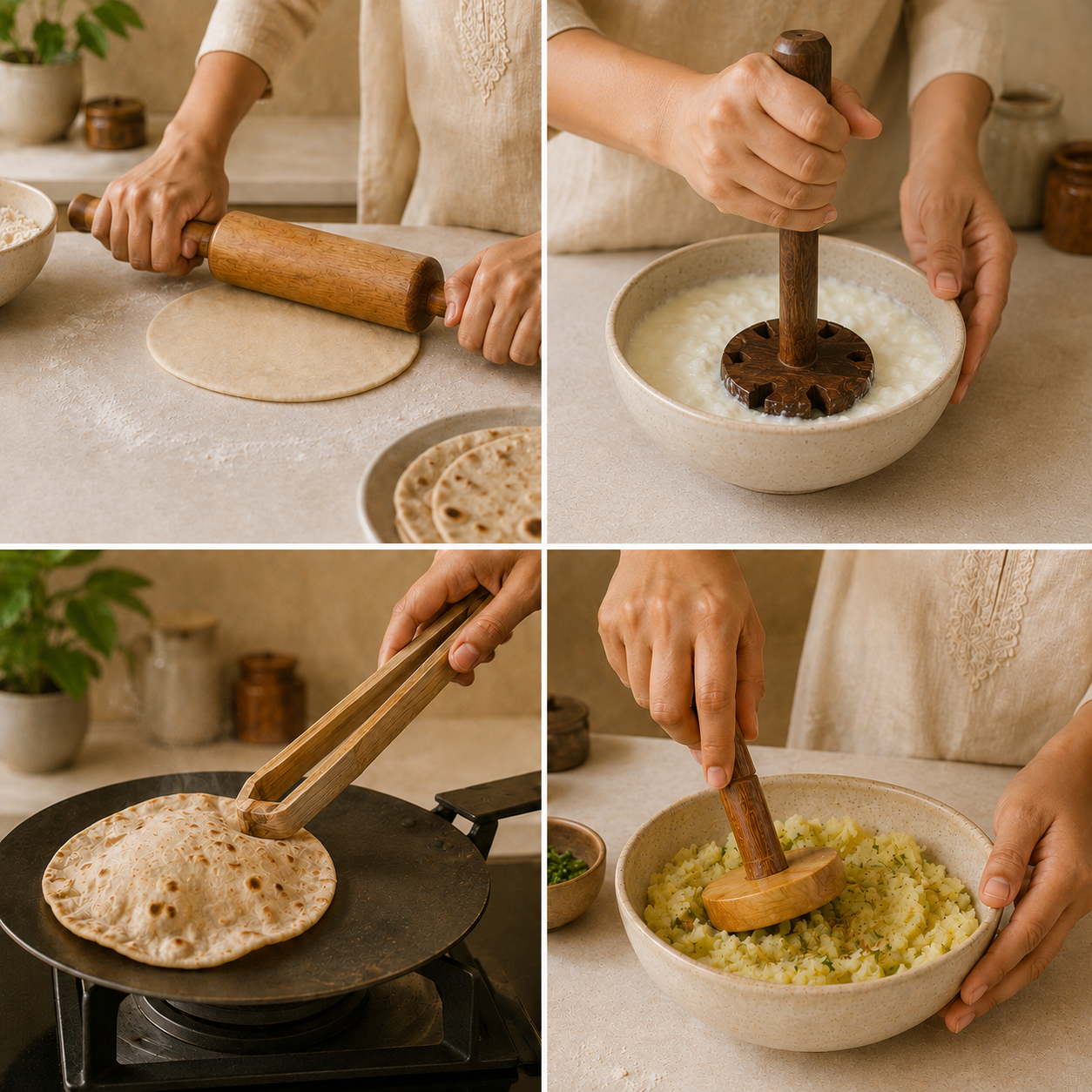 Kitchen Tool Set  of 5 (Lemon Squeezer, Rolling Pin, Tong, Masher, Roti Presser)