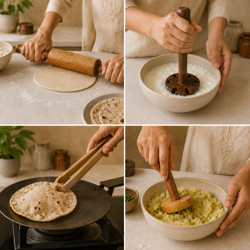 Kitchen Tool Set  of 5 (Lemon Squeezer, Rolling Pin, Tong, Masher, Roti Presser)