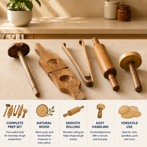 Kitchen Tool Set  of 5 (Lemon Squeezer, Rolling Pin, Tong, Masher, Roti Presser)
