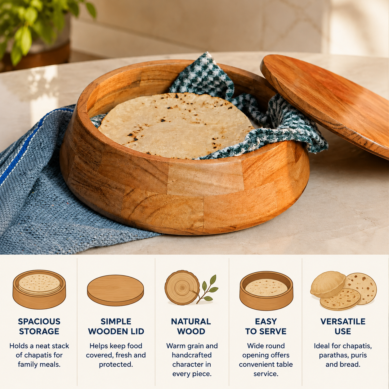 Sanjeev Kapoor OGGN Natural Wood Casserole with Lid, Handcrafted Wooden Chapati Box, Hot Case, Round Roti Dabba for Kitchen, (22.86 X 22.86 Cm)