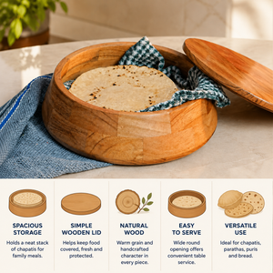 Sanjeev Kapoor OGGN Natural Wood Casserole with Lid, Handcrafted Wooden Chapati Box, Hot Case, Round Roti Dabba for Kitchen, (22.86 X 22.86 Cm)