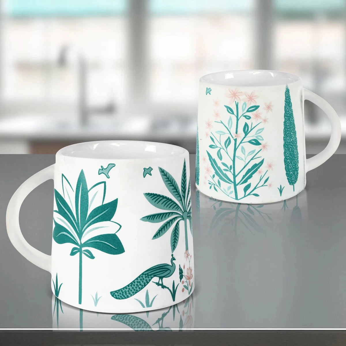Sanjeev Kapoor by OGGN Green Peacock Design Stoneware, Ceramic Coffee Mug (300 ml, Pack of 2)