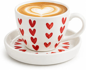 OGGN - Ceramic Heart printed Cup & Saucer set of 2 (Off White, Multicolor, Cup and Saucer Set)