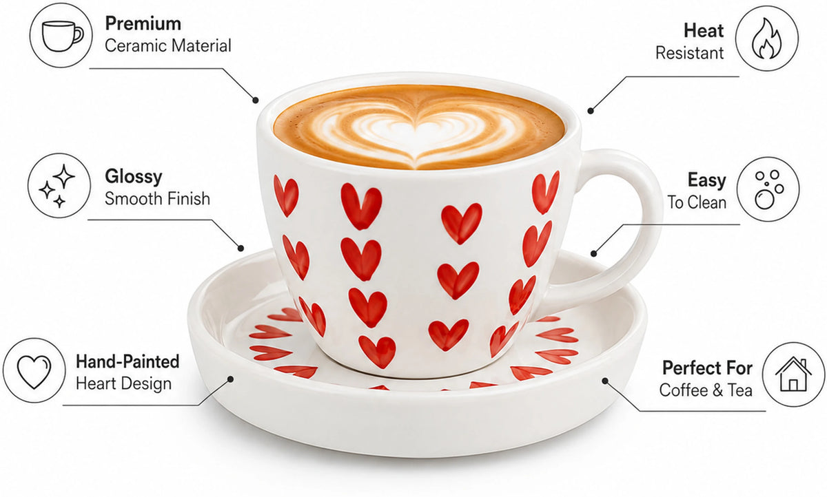 OGGN - Ceramic Heart printed Cup & Saucer set of 2 (Off White, Multicolor, Cup and Saucer Set)