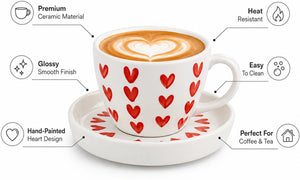 OGGN - Ceramic Heart printed Cup & Saucer set of 2 (Off White, Multicolor, Cup and Saucer Set)