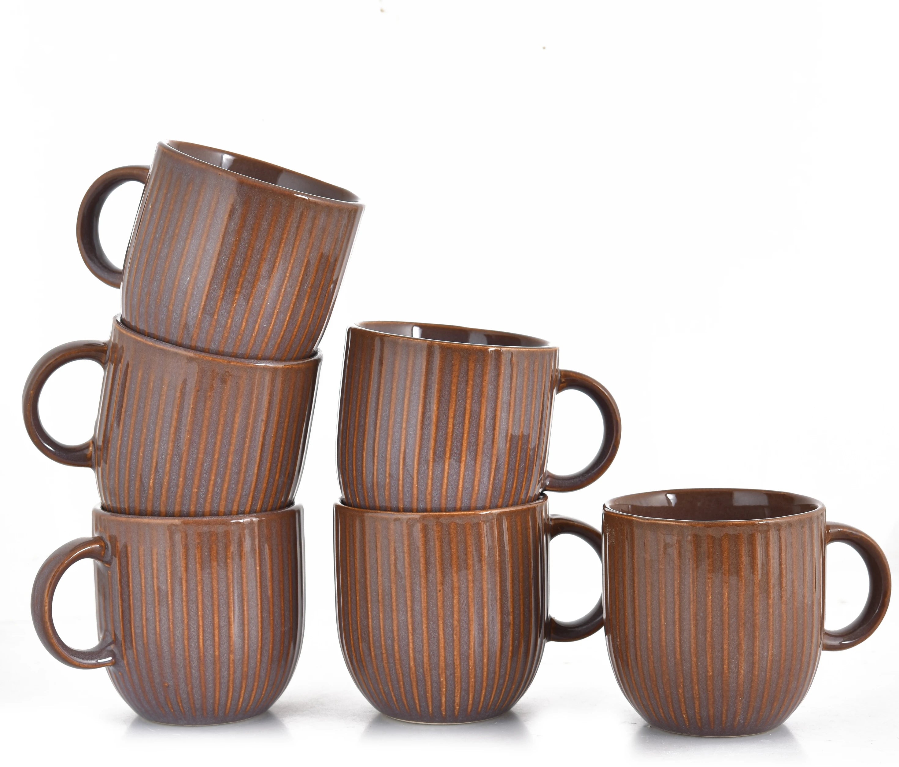 Rustic Ribbed Ceramic Mug Set for Coffee and Tea (Set of 6 - Brown) - Sanjeev Kapoor by OGGN