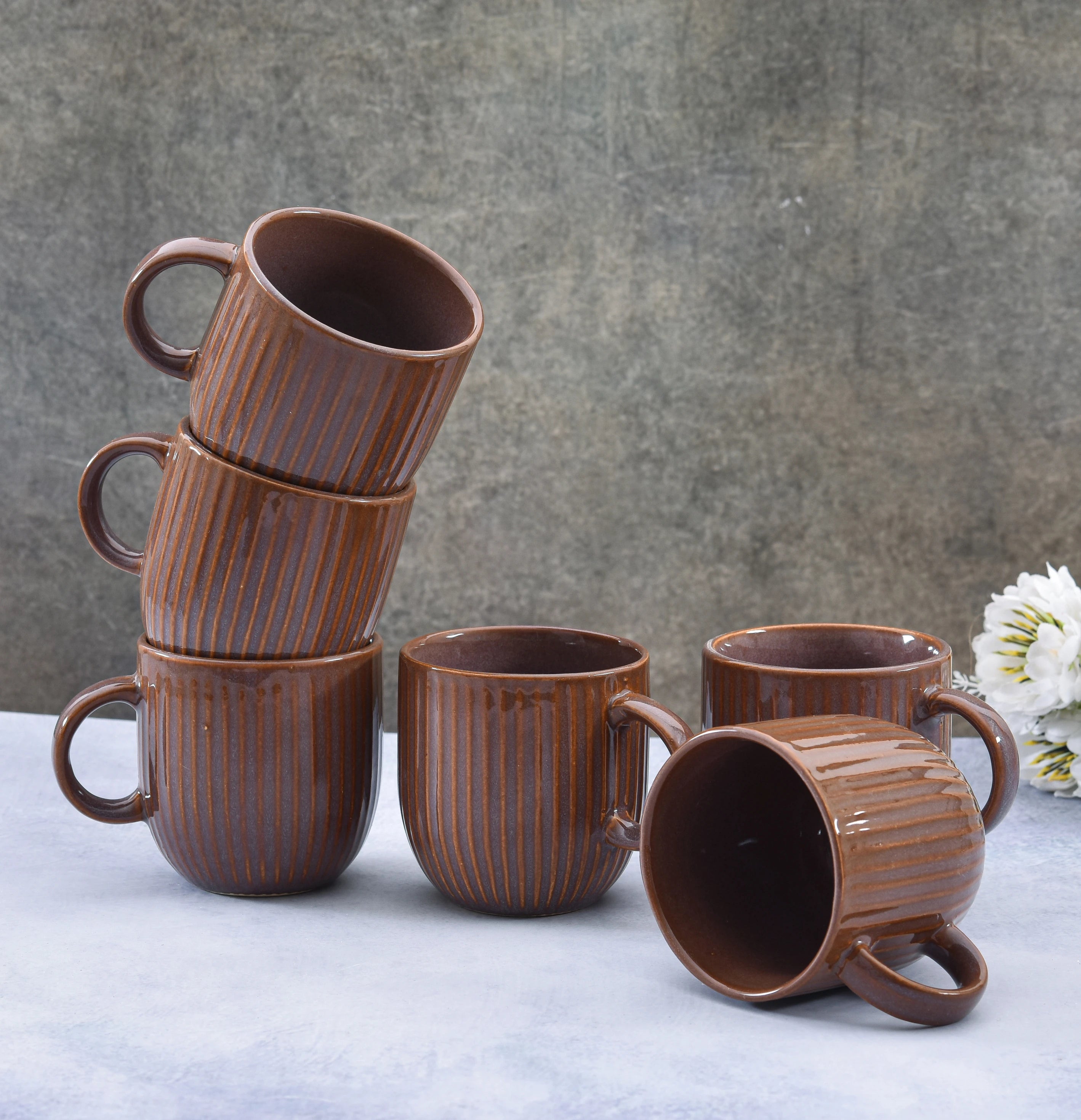 Rustic Ribbed Ceramic Mug Set for Coffee and Tea (Set of 6