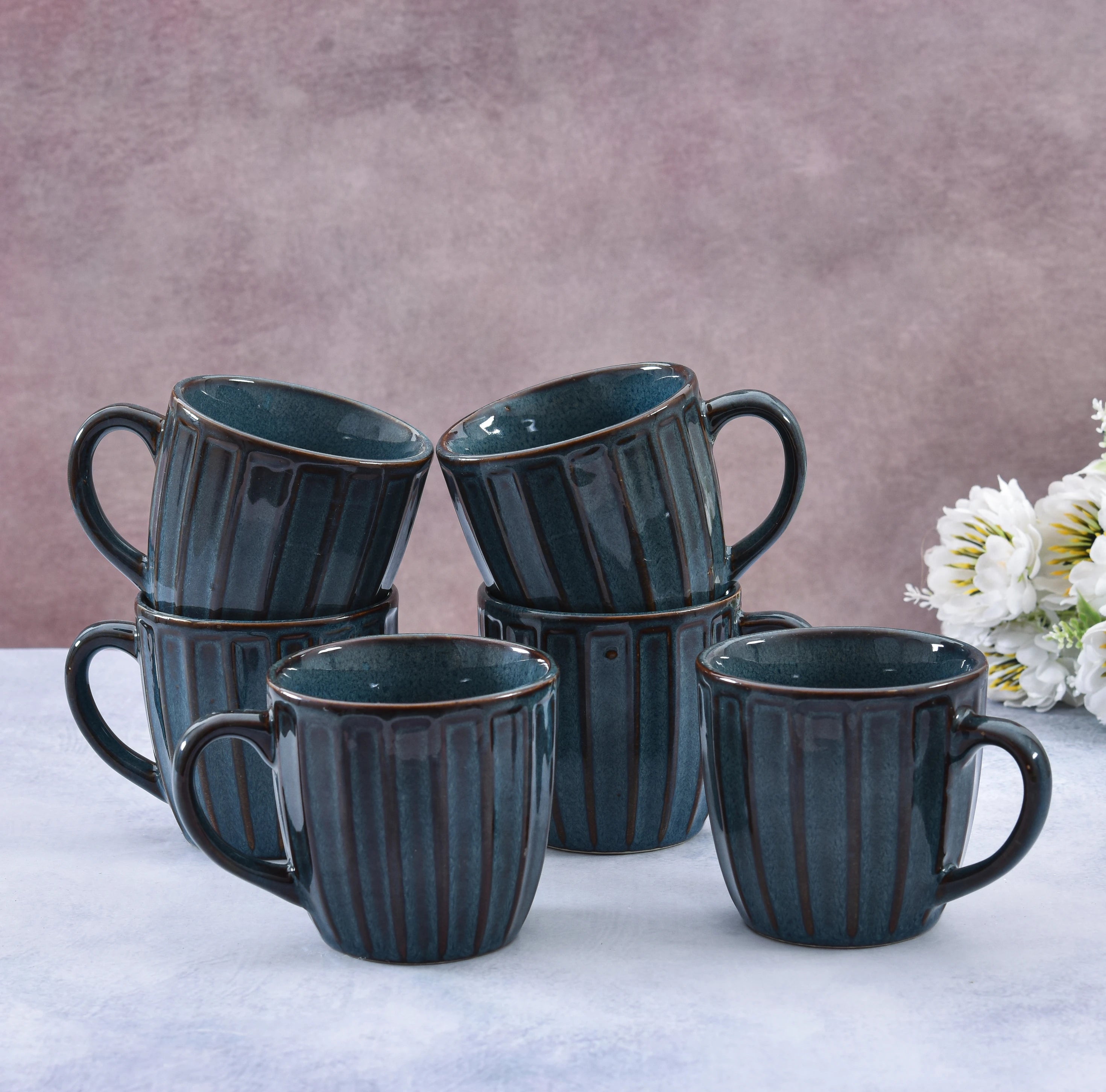 Sanjeev Kapoor by OGGN Pack of 6 Ceramic OceanRib Textured Ceramic Mugs Set (Green)