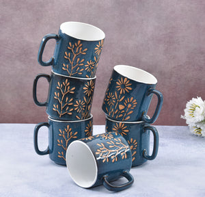 Ceramic Blue Blossom Hand-Embossed Ceramic Coffee Mug Set of 6 - Sanjeev Kapoor by OGGN