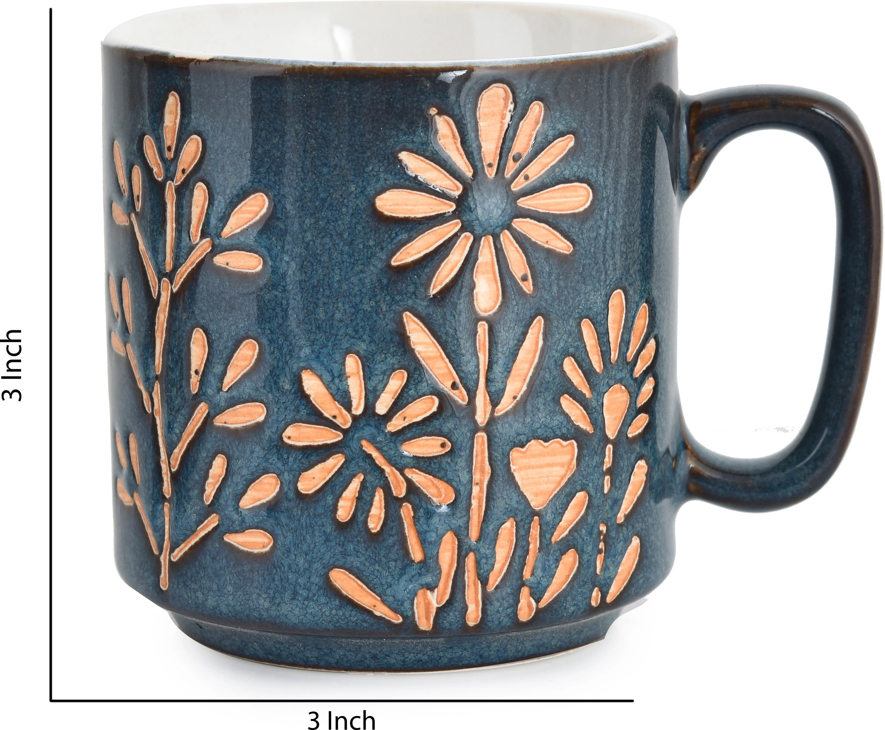 Ceramic Blue Blossom Hand-Embossed Ceramic Coffee Mug Set of 6 - Sanjeev Kapoor by OGGN
