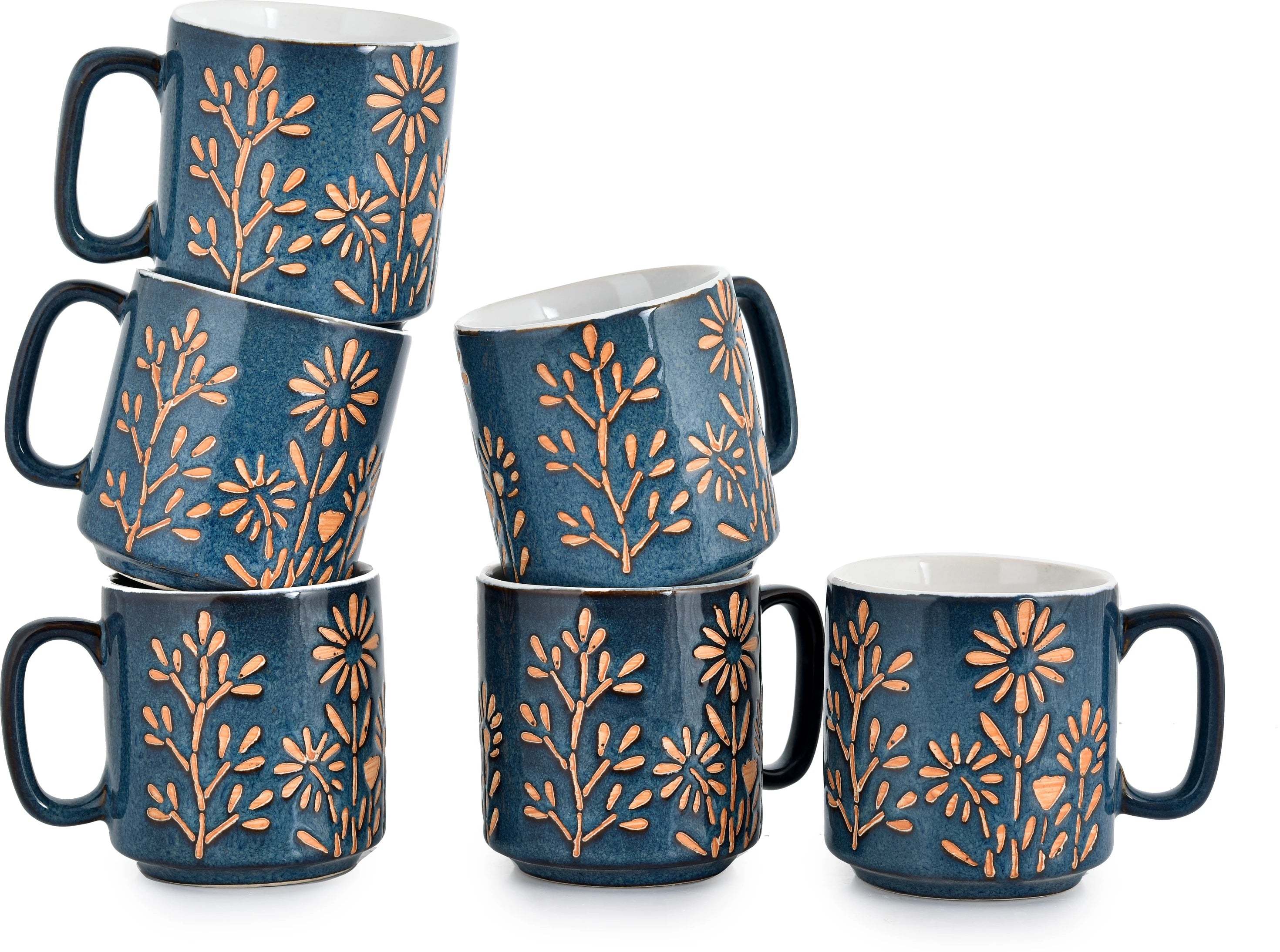 Ceramic Blue Blossom Hand-Embossed Ceramic Coffee Mug Set of 6 - Sanjeev Kapoor by OGGN