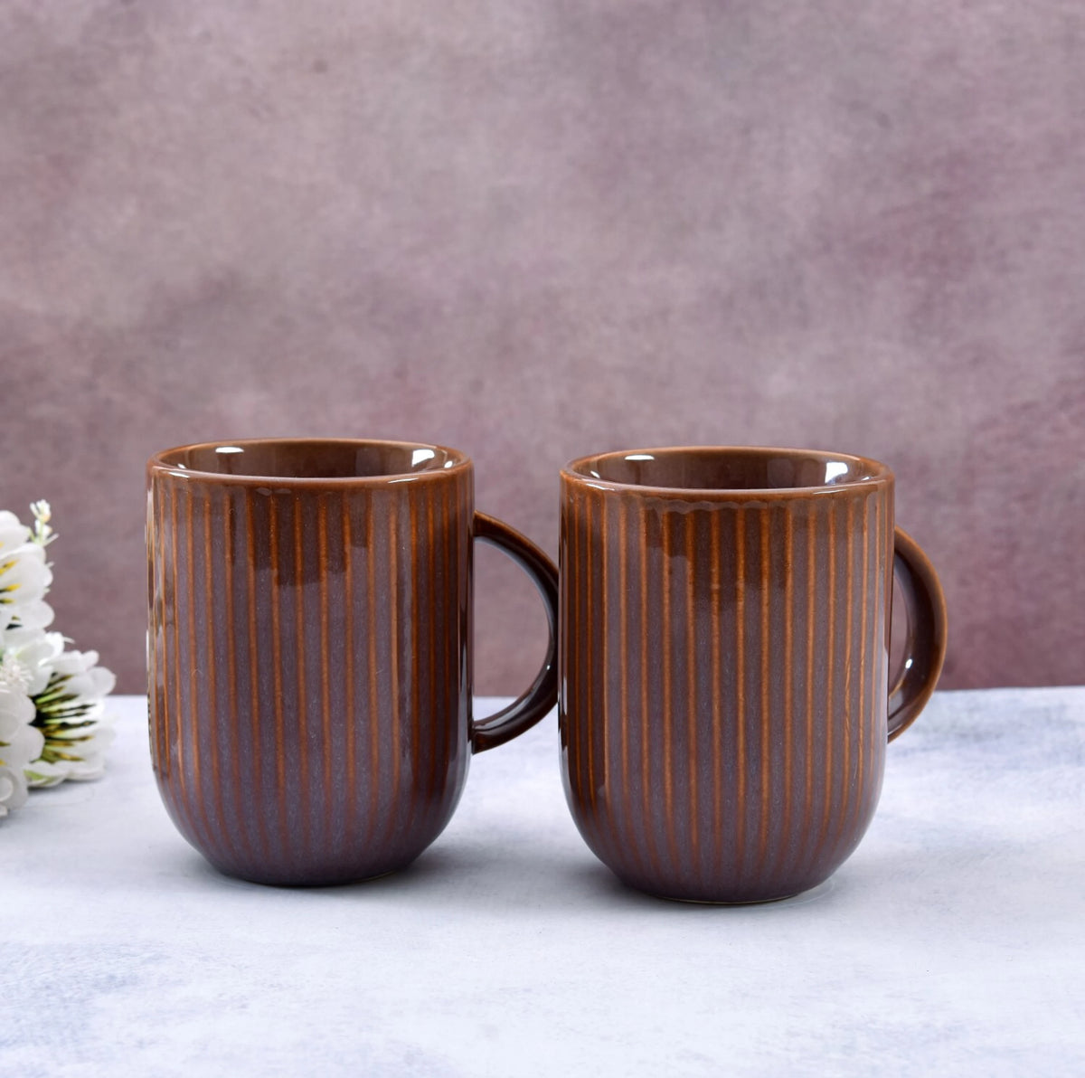 Sanjeev Kapoor by OGGN Pack of 2 Ceramic TerraRidge Ribbed Brown Ceramic Coffee Mug Set (Brown, Cup Set)