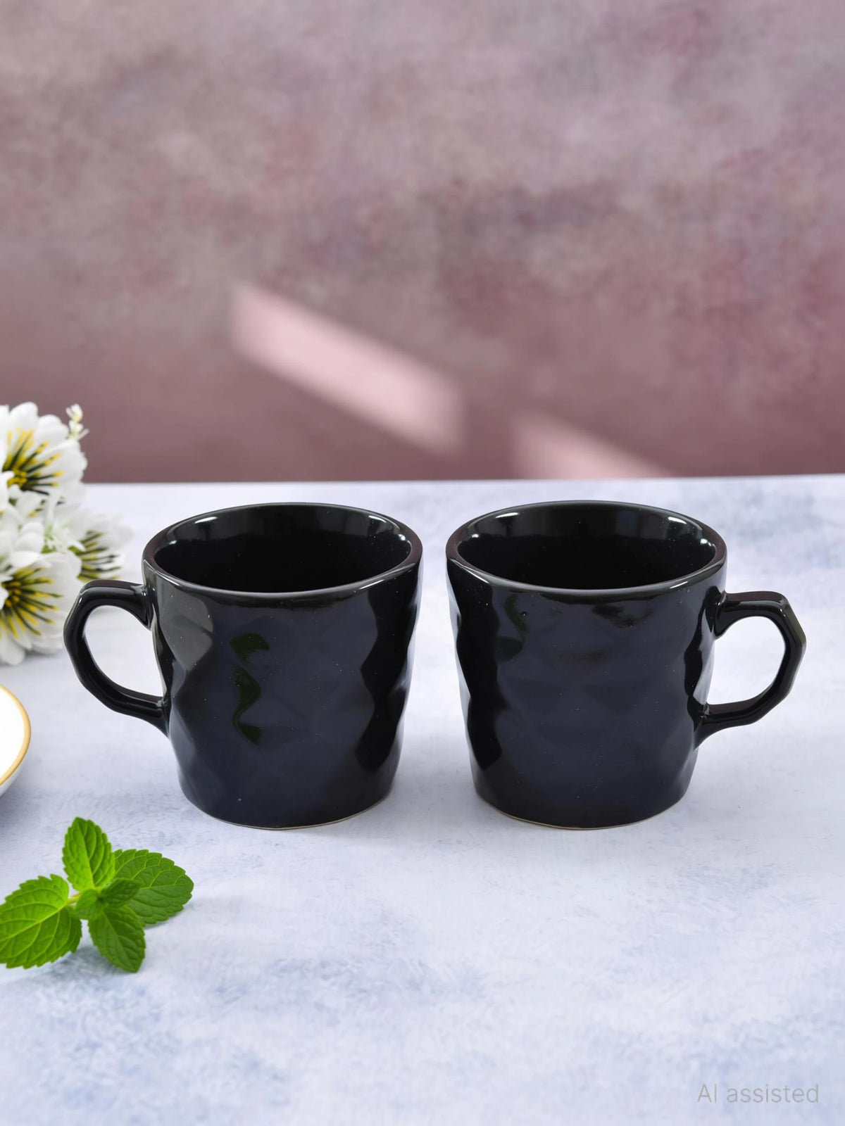 Sanjeev Kapoor by OGGN Pack of 2 Ceramic Diamond Coffee Mug 240 ml Black (Black, Cup Set)