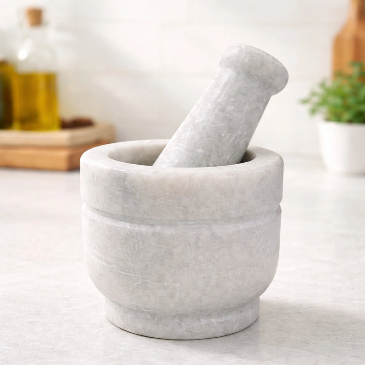 Sanjeev Kapoor by OGGN Heavy Duty Marble Mortar and Pestle Set (12.5*7.5 cm , White) Marble Masher (Pack of 1)