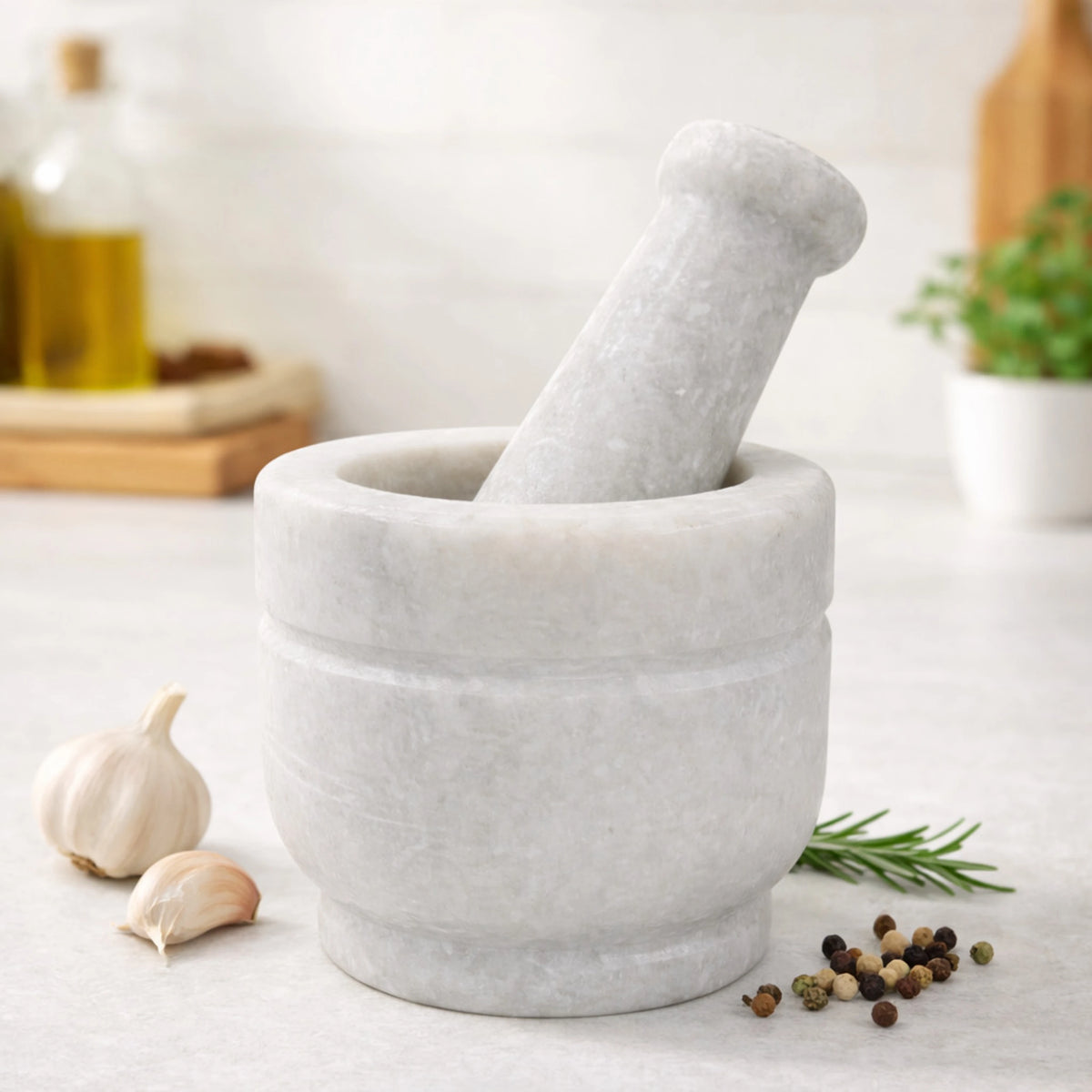 Sanjeev Kapoor by OGGN Heavy Duty Marble Mortar and Pestle Set (12.5*7.5 cm , White) Marble Masher (Pack of 1)