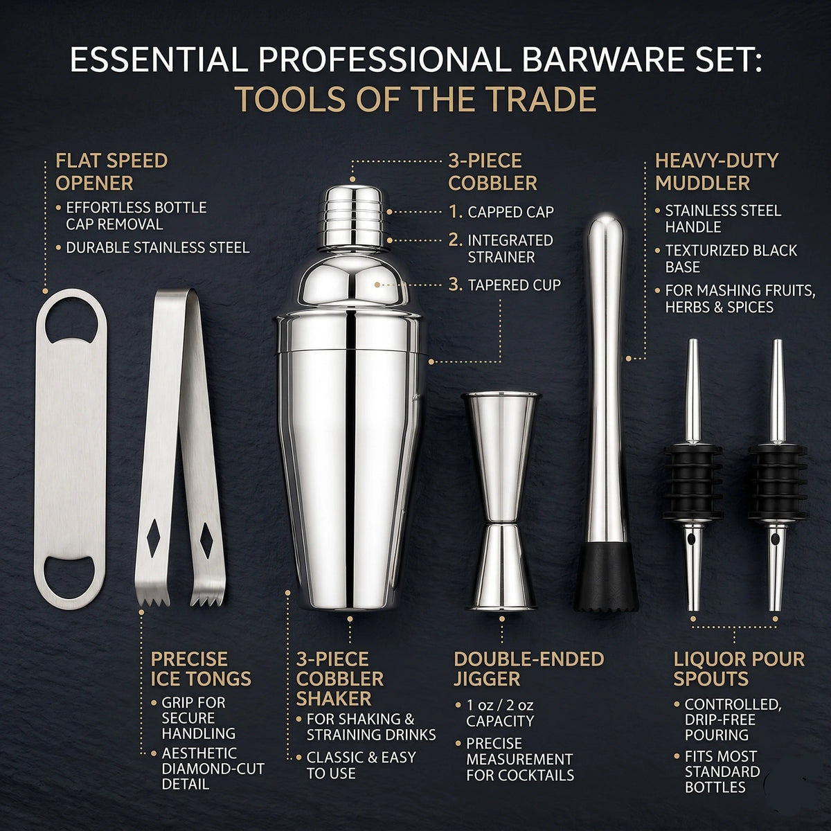 OGGN Stainless Steel Cocktail Shaker & Bar Tool Set 7-Piece Bar Set (Stainless Steel)