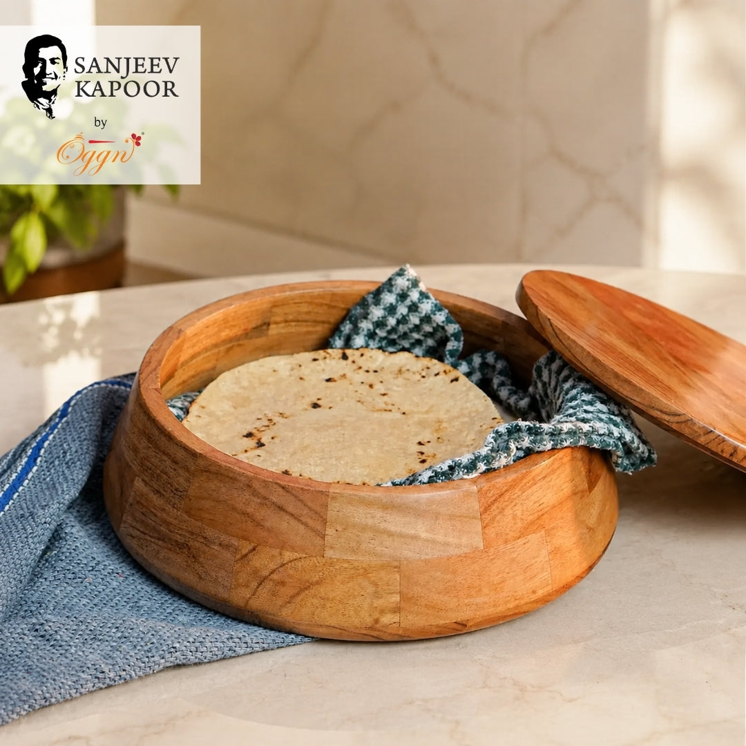 Sanjeev Kapoor OGGN Natural Wood Casserole with Lid, Handcrafted Wooden Chapati Box, Hot Case, Round Roti Dabba for Kitchen, (22.86 X 22.86 Cm)