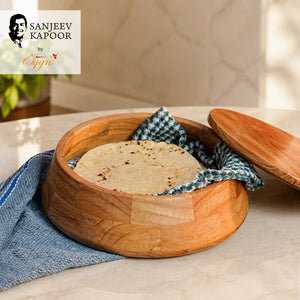 Sanjeev Kapoor OGGN Natural Wood Casserole with Lid, Handcrafted Wooden Chapati Box, Hot Case, Round Roti Dabba for Kitchen, (22.86 X 22.86 Cm)