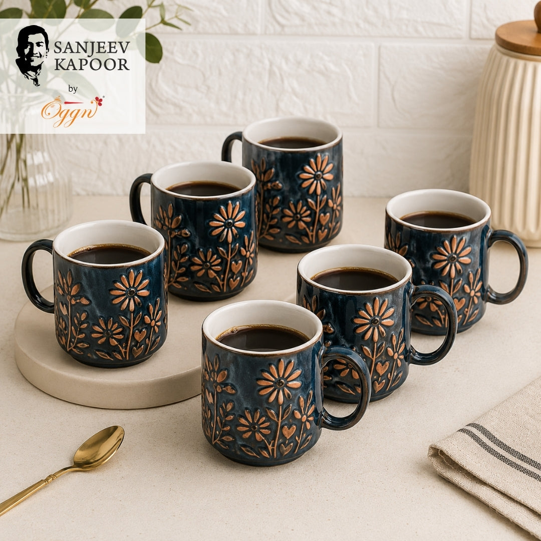Ceramic Blue Blossom Hand-Embossed Ceramic Coffee Mug Set of 6 - Sanjeev Kapoor by OGGN