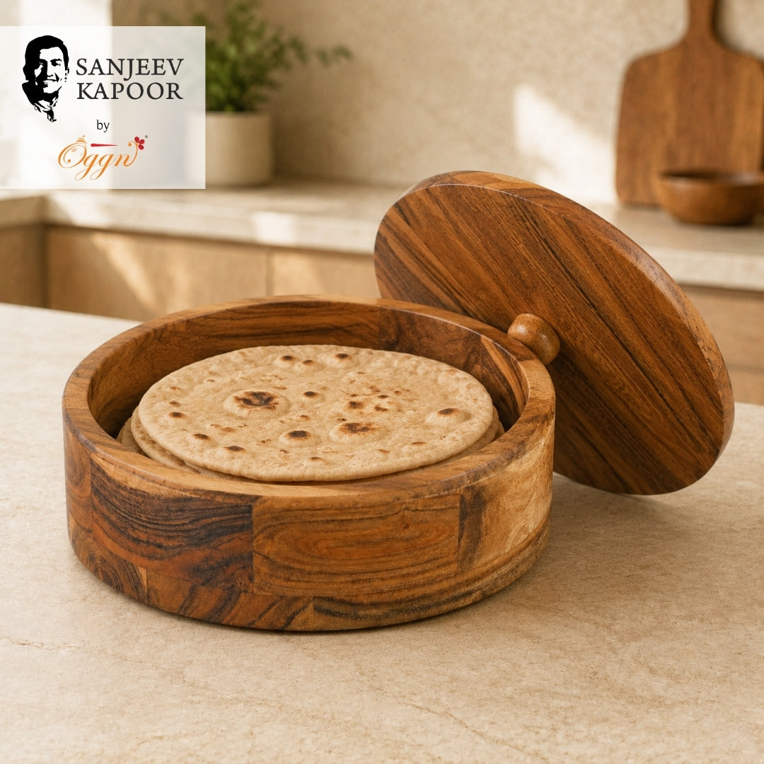 Sanjeev Kapoor By OGGN Natural Acacia Wood Chapati Box, Wooden Hot Pot for Roti, Casserole with Lid