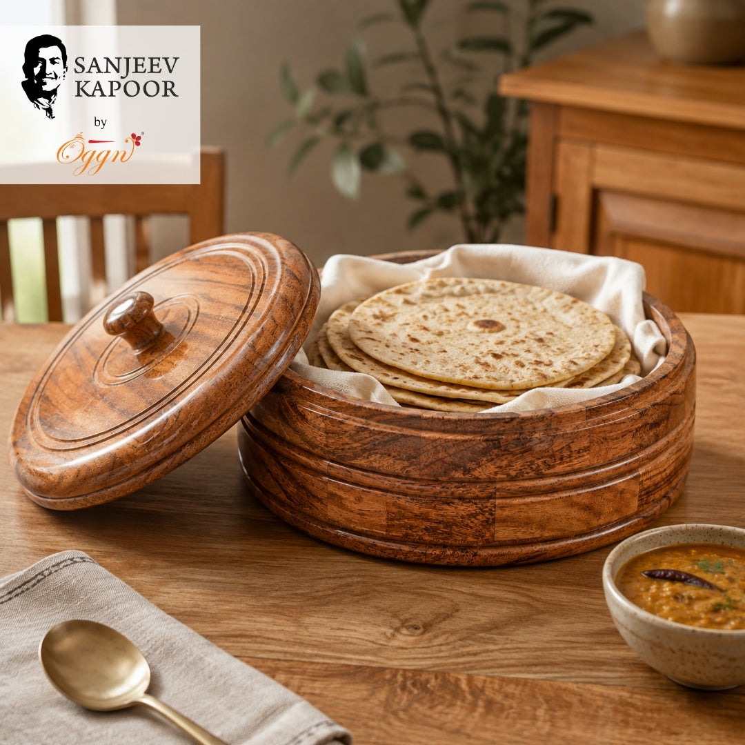 Sanjeev Kapoor OGGN Natural Wood Casserole with Lid, Handcrafted Wooden Chapati Box for Kitchen, (22.86 X 22.86 Cm)