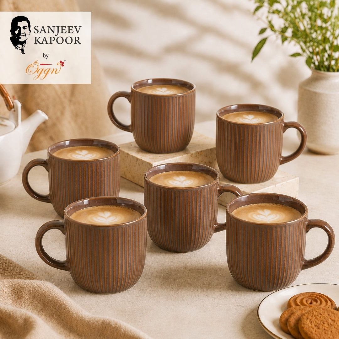 Rustic Ribbed Ceramic Mug Set for Coffee and Tea (Set of 6 - Brown) - Sanjeev Kapoor by OGGN