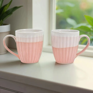 Sanjeev Kapoor by OGGN Pink & White Stripped Stoneware, Ceramic Coffee Mug (300 ml, Pack of 2)