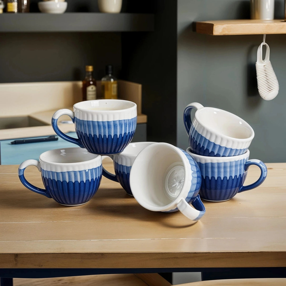SANJEEV KAPOOR BY OGGN WHITE & BLUE STONEWARE CERAMIC COFFEE MUG – SET OF 6